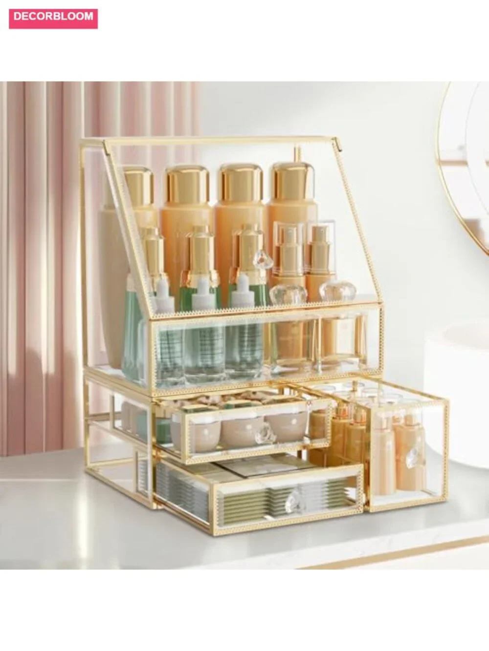 Glass Makeup Organizer with Drawer, Stackable Skincare Holder, Vanity Storage